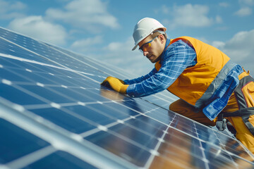 Worker installing solar panels on the roof - AI Generated