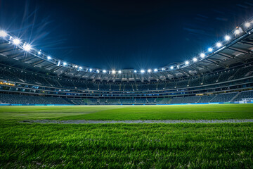 Fototapeta premium Empty grass field and illuminated outdoor soccer stadium - AI Generated