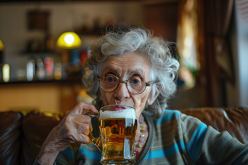 old person drinking beer in bar