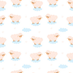 Obraz premium Seamless pattern with cute sheep and clouds. Sweet dreams, animal pattern, vector illustration, flat style. Kids design for fabric and decor.