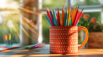 Desk organizer Cup filled with colored pencils on wood table - Powered by Adobe