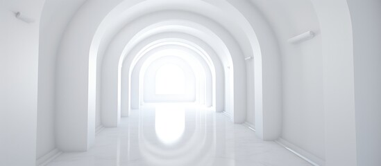 A long white hallway is brightly lit at the end, creating a stark contrast with the rest of the corridor. The light streams in, casting a glow and highlighting the clean, minimalist design of the