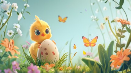 An animated Easter scene with a cartoon chick hatching from an egg, surrounded by flowers and butterflies.