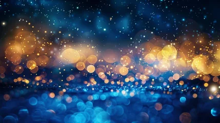 Fotobehang Glowing blue and gold bokeh lights in an abstract pattern. Dreamy festive background with shimmering light spots. Abstract glowing orbs creating a celebratory atmosphere. © Irina.Pl
