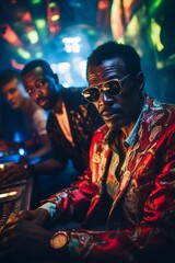 serious rappers breakdancing in studio beautiful bright elegant suits and glasses in a club and venue at a concert performance meeting of fashionable people African Americans together stylish concept