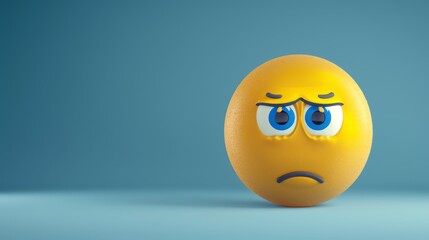 3D sad emoji illustration on a blue background depicting emotions. Expressive yellow sad face emoji against a tranquil blue backdrop. Digital artwork of a melancholic emoji on a simple blue background