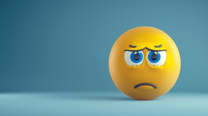 Fototapeta premium 3D sad emoji illustration on a blue background depicting emotions. Expressive yellow sad face emoji against a tranquil blue backdrop. Digital artwork of a melancholic emoji on a simple blue background