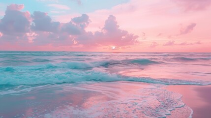 Peaceful seaside sunset with pink and blue sky. Soothing waves approach the shore at dusk. Serene ocean landscape under a pastel sunset.