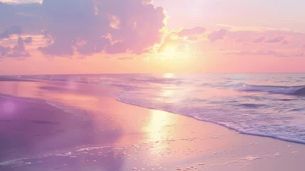 Photo sur Plexiglas Réflexion Beach serenity at sunset with sun rays and clouds. Pink and purple hues reflecting on ocean at dusk. Calm sunset view with sun's reflection on water.