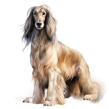 recommend clip art: Afghan hound dog. Afghan hound dog clipart. Watercolor illustration. Generative AI. Detailed illustration.