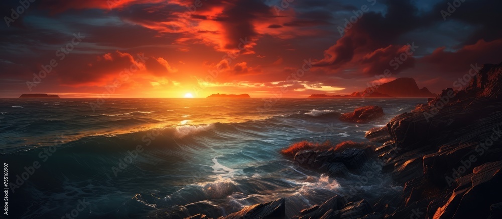 Poster A beautiful painting capturing the afterglow of a sunset over the tranquil waters, with the sky filled with vibrant hues of orange and pink, creating a serene natural landscape