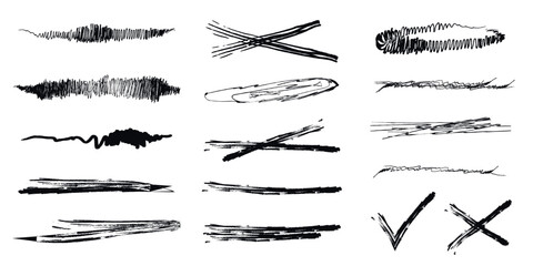 Grunge-style doodles, charcoal doodles, rough brush strokes, underscores and circles. Bold stripes with charcoal by hand and figures with ink