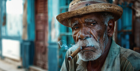man in hat and glasses is smoking a cigar. Concept of relaxation and leisure, as the man is enjoying his cigarette while sitting on a chair. cuban cigar smoking old man, background Havana city houses