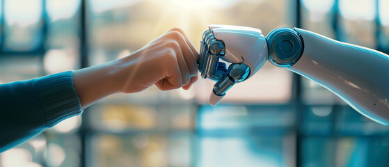Futuristic Collaboration: Human and Robot Hand Uniting in a Modern Technological Gesture of Partnership
