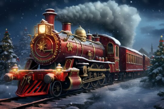 Vintage Christmas red train. Art vintage card. Generate Ai