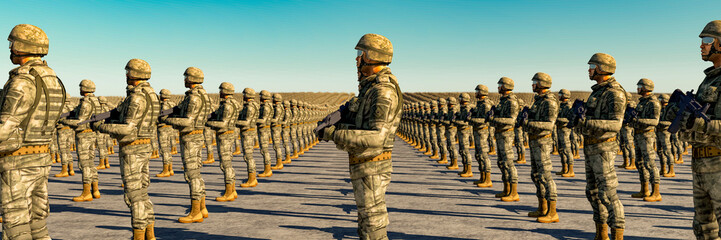 Uniformed Digital Soldiers in Formation Under Clear Blue Sky - 755169331