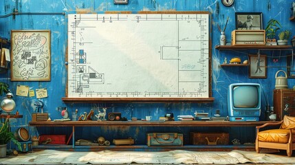 Vintage Workspace with Blueprint and Retro Objects - obrazy, fototapety, plakaty