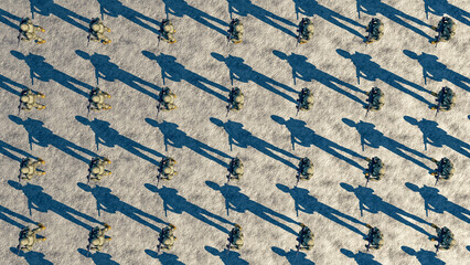 Uniform Rows of Toy Soldiers Casting Long Shadows on Textured Paper - 755169568