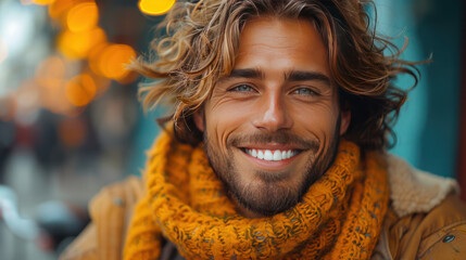 Beautiful attractive young smiling man as hairstyle and wardrobe model in blurred outdoor environment
