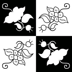 Monochrome illustration with combination of flowers, leaves, vines and fruit for seamless pattern tiles