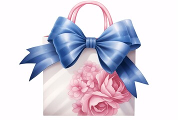 a white and blue shopping bag with pink and blue bow