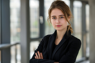Fototapeta premium Confident Young Businesswoman in Modern Office Environment: Professional and Ready to Lead