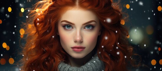 A woman with fiery red hair and piercing blue eyes is sporting a cozy sweater while gazing directly at the camera