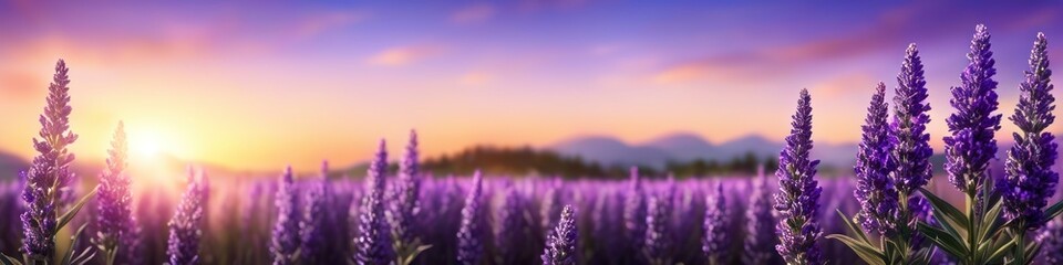 Abstract colorful illustration of lavender against purple sunset, ecology theme, blurred background for social media banner design, website and for your design, space for text - obrazy, fototapety, plakaty