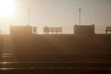 Sitting on a Bench at Dawn.  Mississippi River 
Riverfront Park, 
New Orleans LA 

A solitary figure is sitting on a bench between two lampposts against a bright, hazy backdrop. 