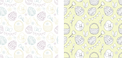 A set of Easter eggs drawn in black. Clip art. Happy Easter. Spring holiday. Easter bunny. Family traditions, painted eggs. Ink. Hand drawn. Seamless vector pattern.