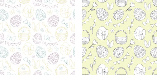Fototapeta premium A set of Easter eggs drawn in black. Clip art. Happy Easter. Spring holiday. Easter bunny. Family traditions, painted eggs. Ink. Hand drawn. Seamless vector pattern.