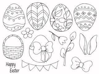 A set of Easter eggs drawn in black. Clip art. Happy Easter. Spring holiday. Easter bunny. Family traditions, painted eggs. Ink. Hand drawn.