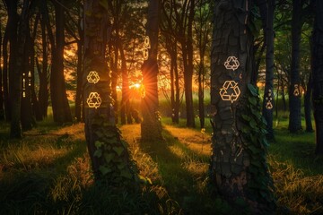 Glowing Sunset Behind a Verdant Grove, with Visible Recycling Symbols Carved into Tree Trunks, Advocating for Environmental Preservation on Earth Day