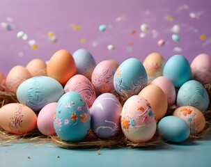 Fototapeta na wymiar Airborne Funny Decorated Easter Eggs