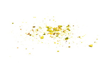 Ground, milled, crushed or granulated pistachio pile isolated on white background