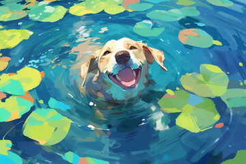 Delighted Dog swimming in a Pond with Lily Pads - obrazy, fototapety, plakaty