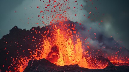 Close-up of a volcanic eruption with molten lava spewing against a dark, smoke-filled sky. - obrazy, fototapety, plakaty