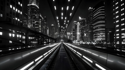Fototapeta premium Monochrome Metropolis: Futuristic Cityscape with Light Trails in a Modern Urban Tunnel