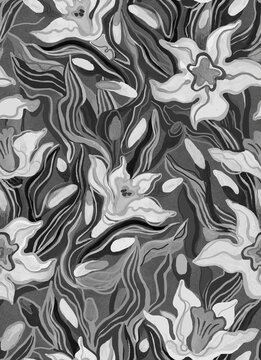 Abstract flowers daffodils monochrome hand drawn seamless pattern. Artistic botanical elements drawn by hand of acrylic paints on wrapping paper texture in natural earth tones.