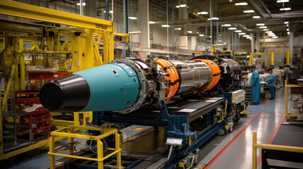 Naklejka premium Rocket being built at modern aerospace factory, tech product is in assembly shop of plant. Concept of space, industry, technology, interior, manufacturing, science, machinery, busines