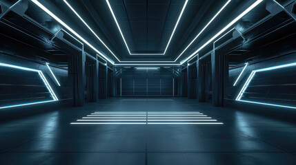 Dark modern garage, inside futuristic studio or hall, building room interior. Concept of led neon light, warehouse, background, construction