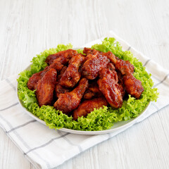 Homemade Honey BBQ Chicken Wings on a Plate, side view.
