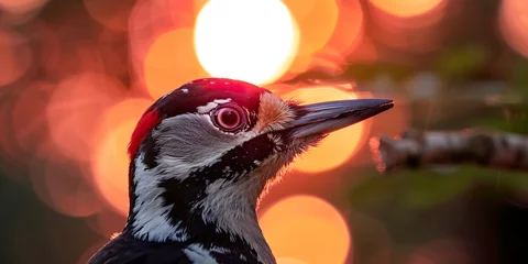 Foto op Canvas A spotted woodpecker displays its beak in photorealistic detail against a sky pinked by the setting sun. Close-up of a woodpecker under the magical touch of the twilight sun in tonal reproduction. © Vagner Castro