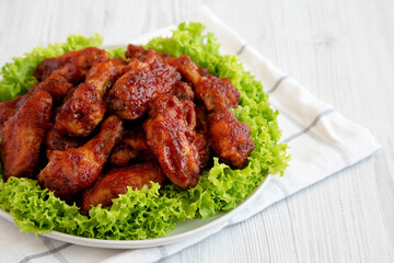 Homemade Honey BBQ Chicken Wings on a Plate, side view. Copy space.