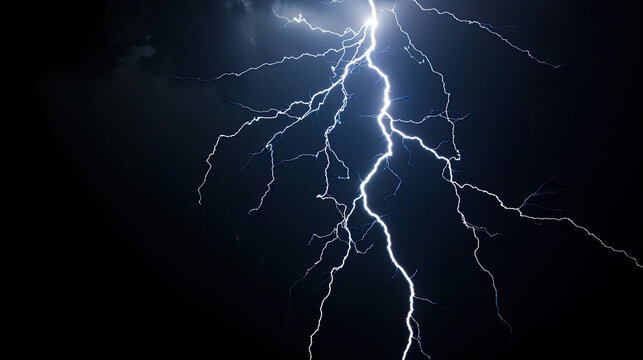 Lightning in storm at night, electric flash of thunder on dark blue sky background. Concept of thunderbolt, thunderstorm, strike, bolt, light, nature