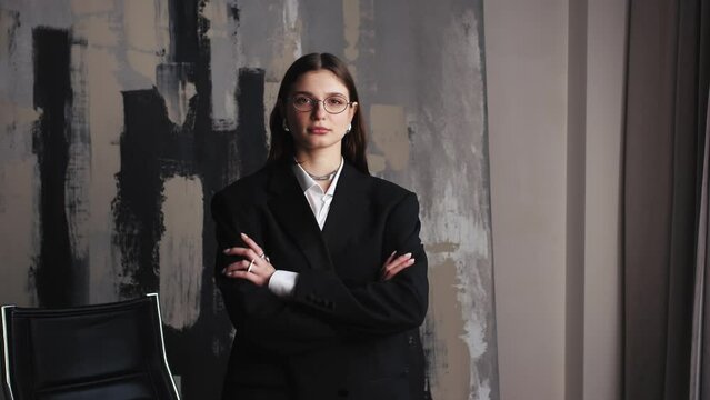Female business portrait confident Caucasian businesswoman posing in office with hands crossed Caucasian girl confident woman smile at workplace lady employer entrepreneur company owner manager