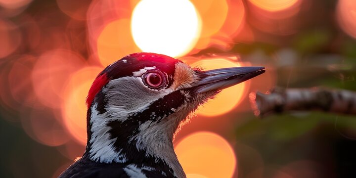 A spotted woodpecker displays its beak in photorealistic detail against a sky pinked by the setting sun. Close-up of a woodpecker under the magical touch of the twilight sun in tonal reproduction.