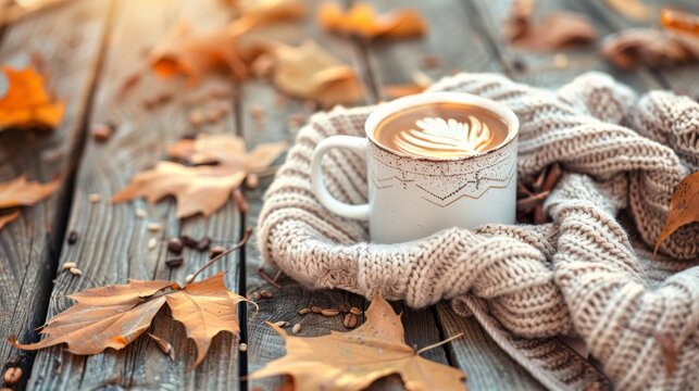 Cozy autumn scene with a warm sweater, hot beverage, and fallen leaves, depicting comfort and warmth.