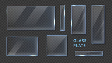 Glass plates template realistic set isolated on dark background. 3d clear glass banner or frame. Acrylic and glass texture with glares and light - obrazy, fototapety, plakaty