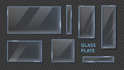 Foto op Aluminium Glass plates template realistic set isolated on dark background. 3d clear glass banner or frame. Acrylic and glass texture with glares and light © Hanna_zasimova